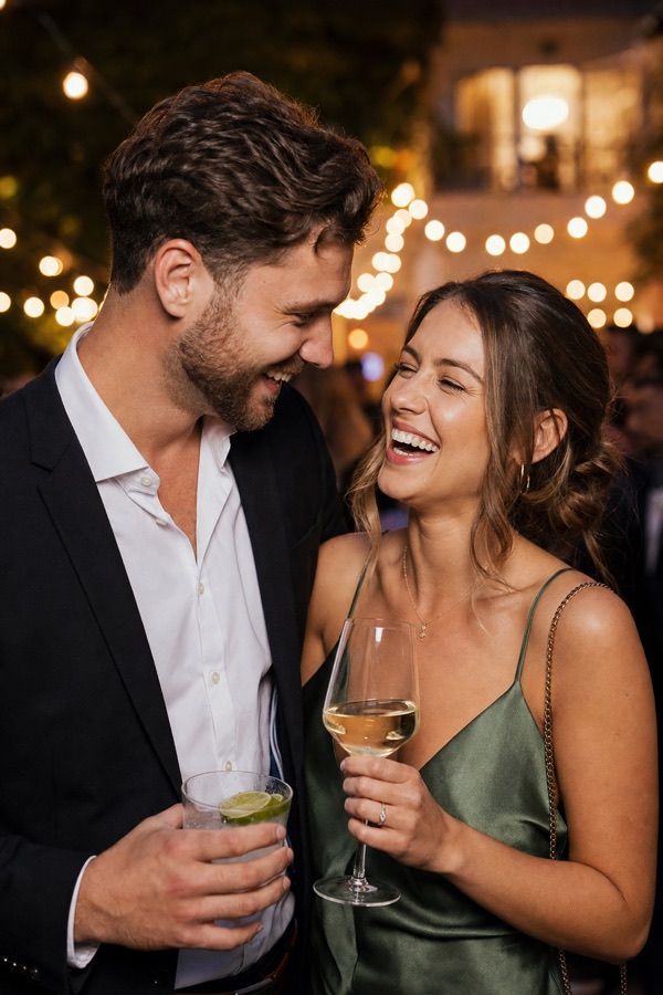 Guests laughing at an evening wedding reception